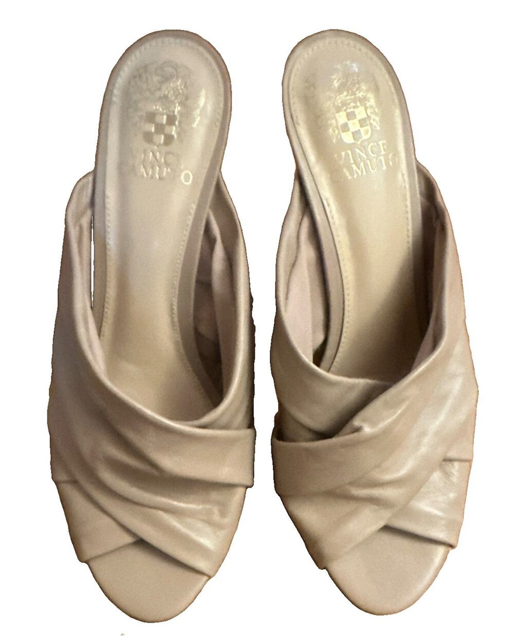 Vince Camuto Womens Beige Leather Slide Sandals Pleated Straps Slip On US 9